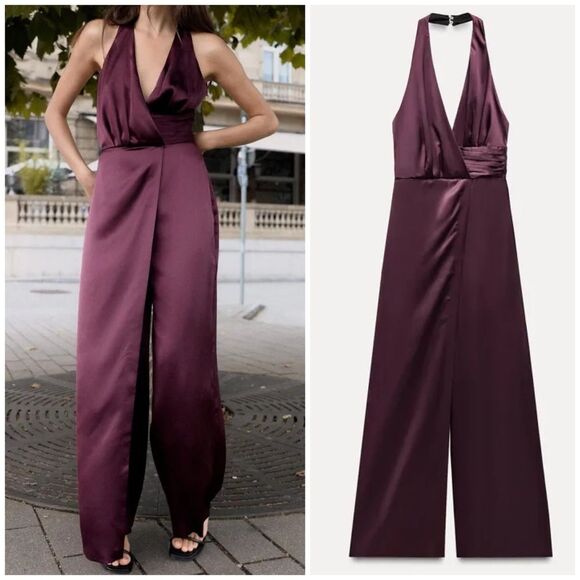 NWT Ruched Satin Effect Halter Jumpsuit Size M - Picture 1 of 10